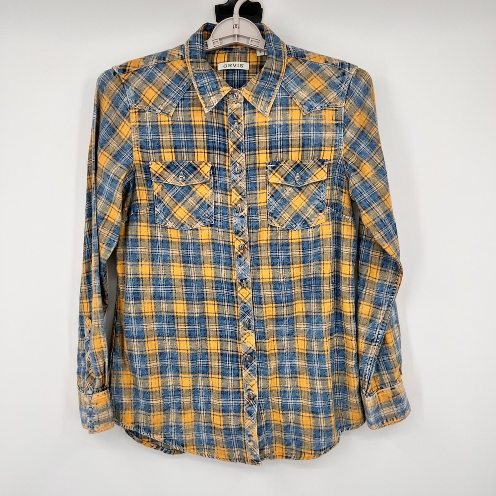 Orvis Womens Small Plaid Western Shirt Yellow Blue Long Sleeve Button Down